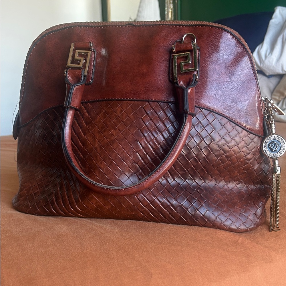 Woven Leather Satchel Handbag in Rich Brown